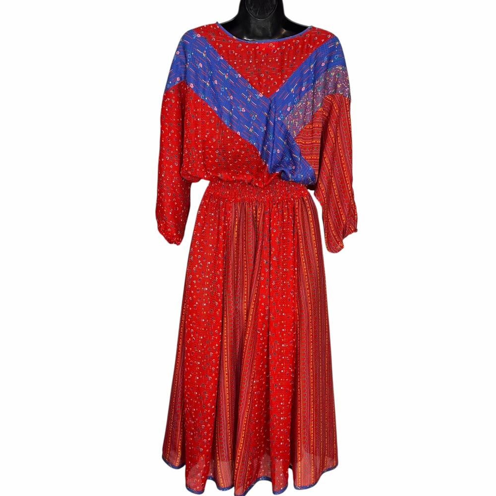 VTG Mosaic Red Blue Chevron Patchwork Pleated Dress Graphic Art Boho Chic M Flaw